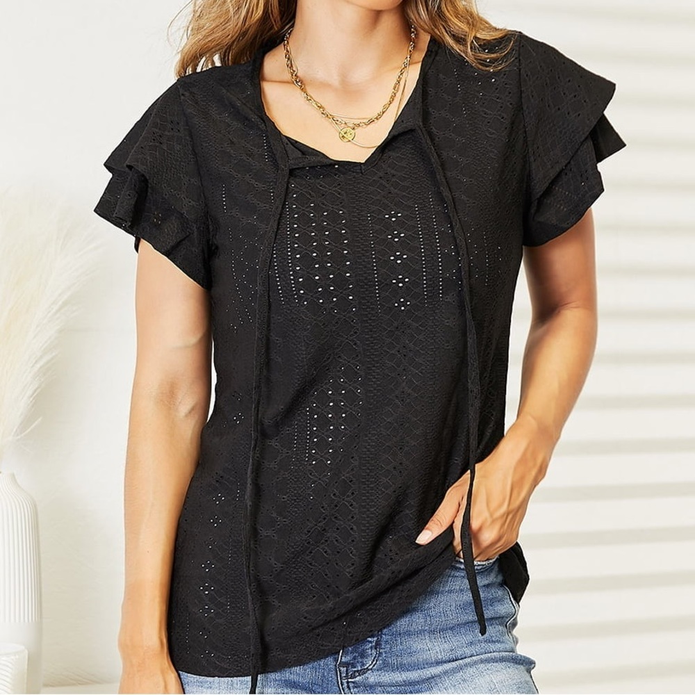 NEW Mandy Plus Size Eyelet Tie Neck Flutter Sleeve Blouse in Black